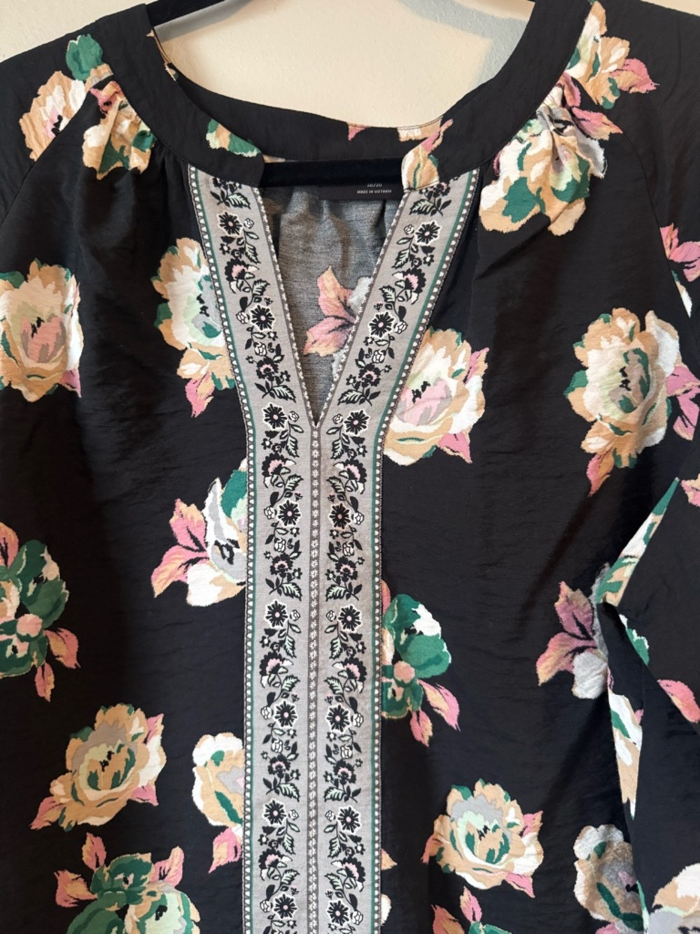 Lane Bryant Black Floral Long-Sleeve Top with Embroidered Placket - Picture 2 of 5